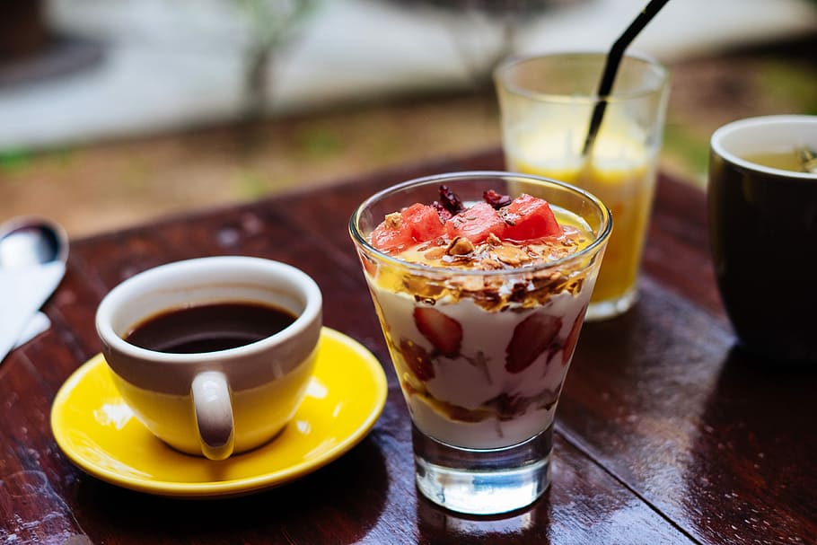 coffee and yogurt with fruits