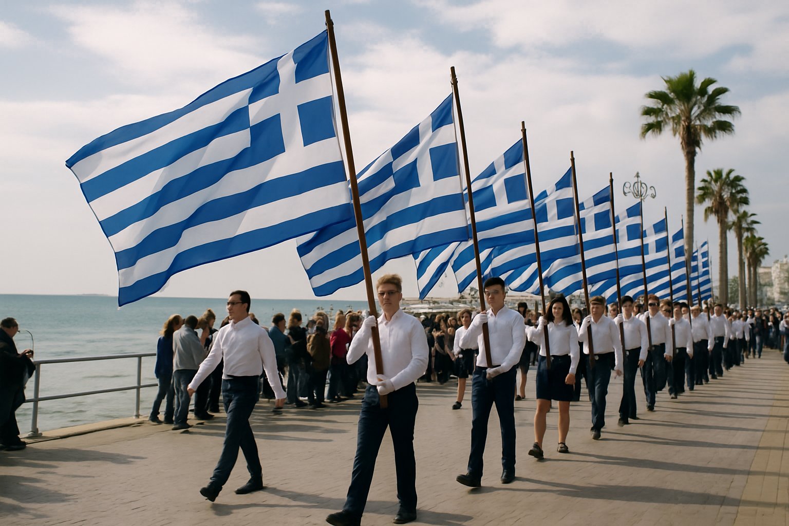 Greek flags seafront parade